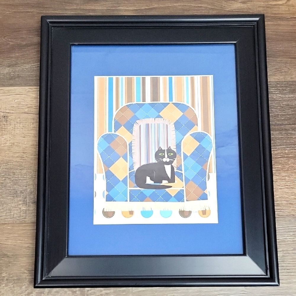 Handmade Papercraft Framed Cat Art Original with Blue and Brown Accents 14"X17"